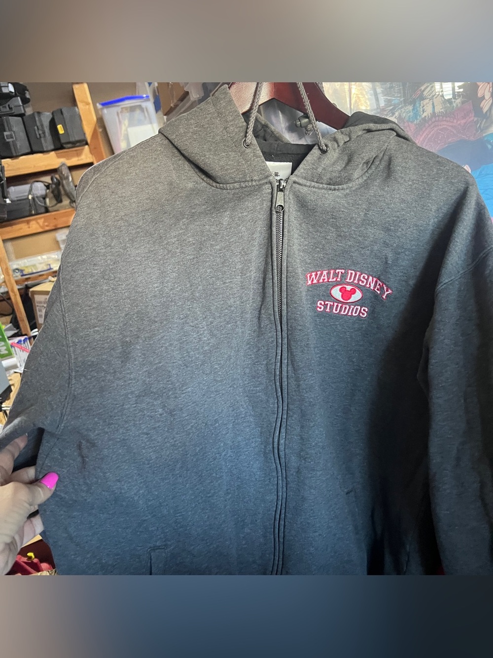 Disney Charcoal Gray Zip Hoodie with Pink Walt Disney Studios Logo